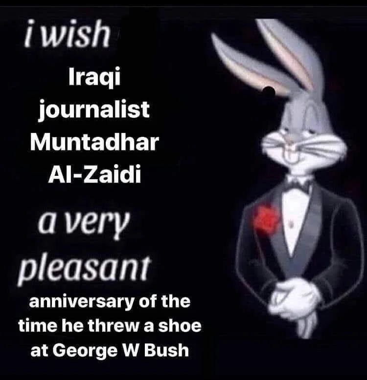 Looping animation from the December 2008 Baghdad press conference at the center of the shoe-throwing meme.