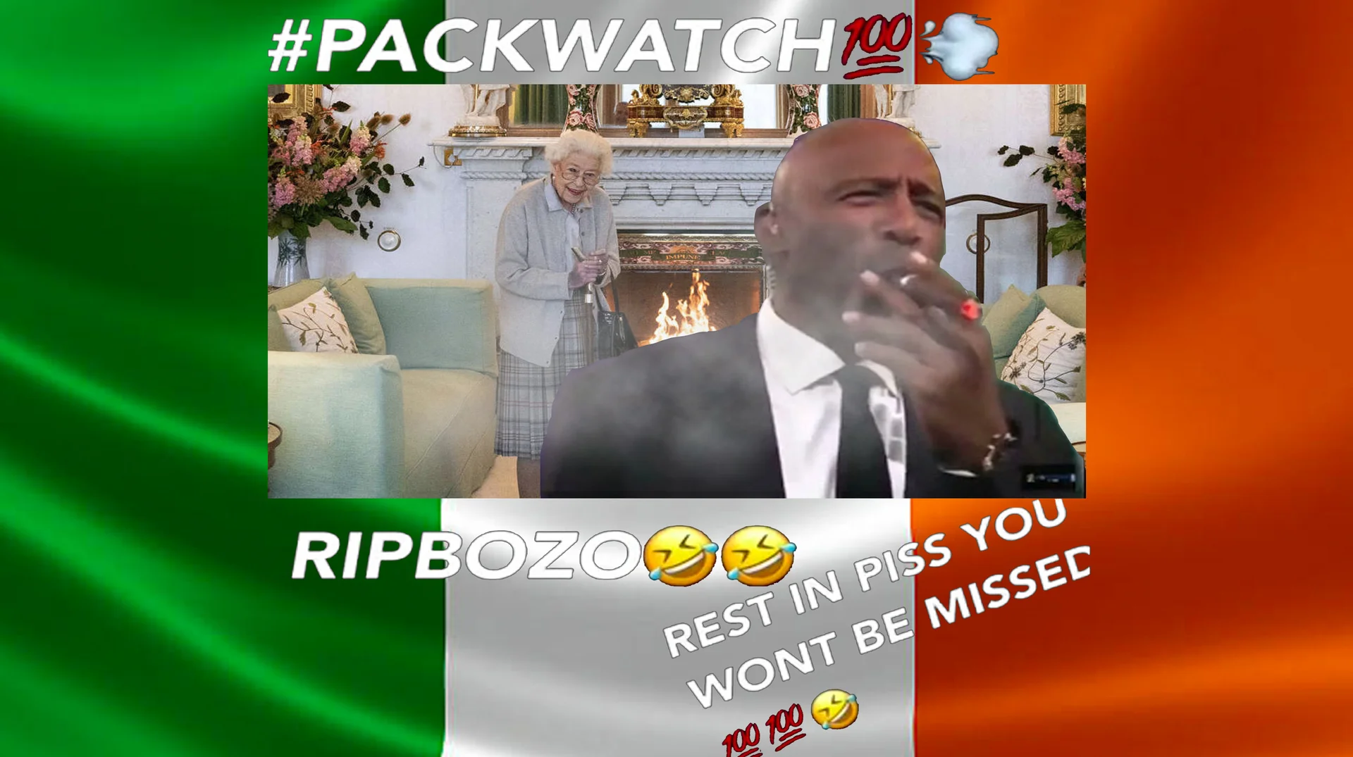 The cover image for the 'Ireland's Reaction to the Queen of England's Death' meme entry, combining Irish flag imagery with celebratory 'RIPBOZO' captions.