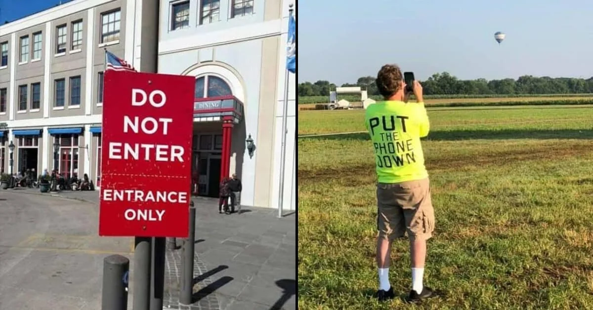 Do Not Enter sign and person in restricted field demonstrating rule-breaking humor
