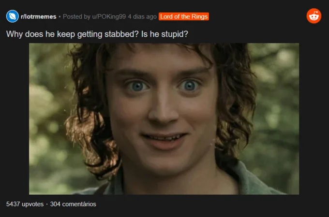 A popular Lord of the Rings variant of the 'Is he stupid?' meme featuring a shocked Frodo Baggins.