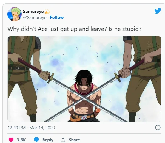 A One Piece variant of the meme mocking Ace's execution scene, posted to Twitter in March 2023.
