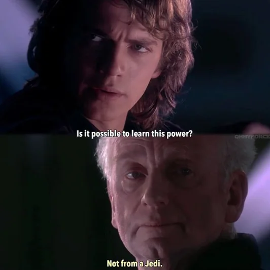 A subtitled GIF of the original Anakin Skywalker line that gave the meme its name.