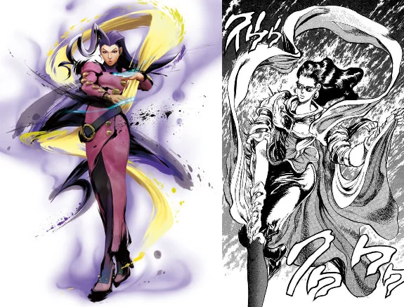 Comparison of Street Fighter's Rose and JoJo's Bizarre Adventure character Lisa Lisa, often cited as evidence of JoJo references in fighting games.