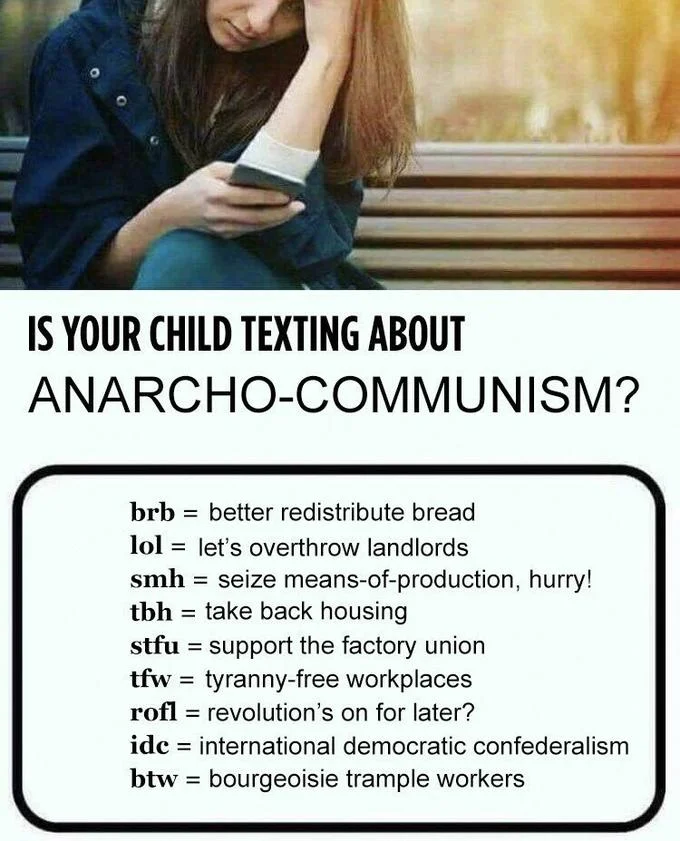 A communism-themed variation of the meme decodes teen texting acronyms into references to Bakunin, Lenin, Marx and Hoxha.