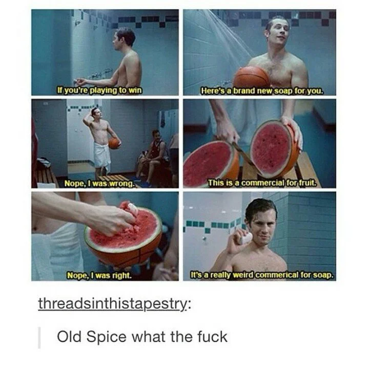 A Tumblr parody strip lampooning the surreal quick-cut absurdity of Old Spice commercials.