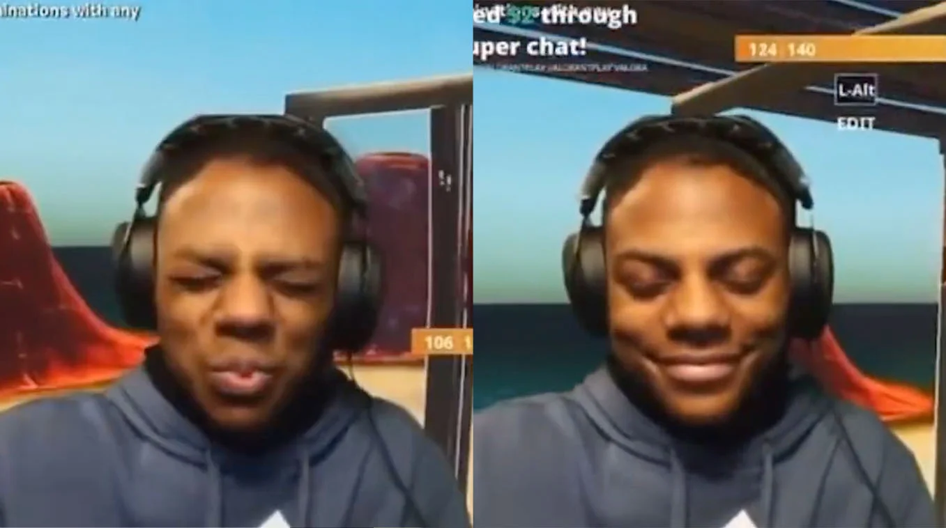 The original two-panel still from IShowSpeed's stream that spawned the 'trying not to laugh' meme format.
