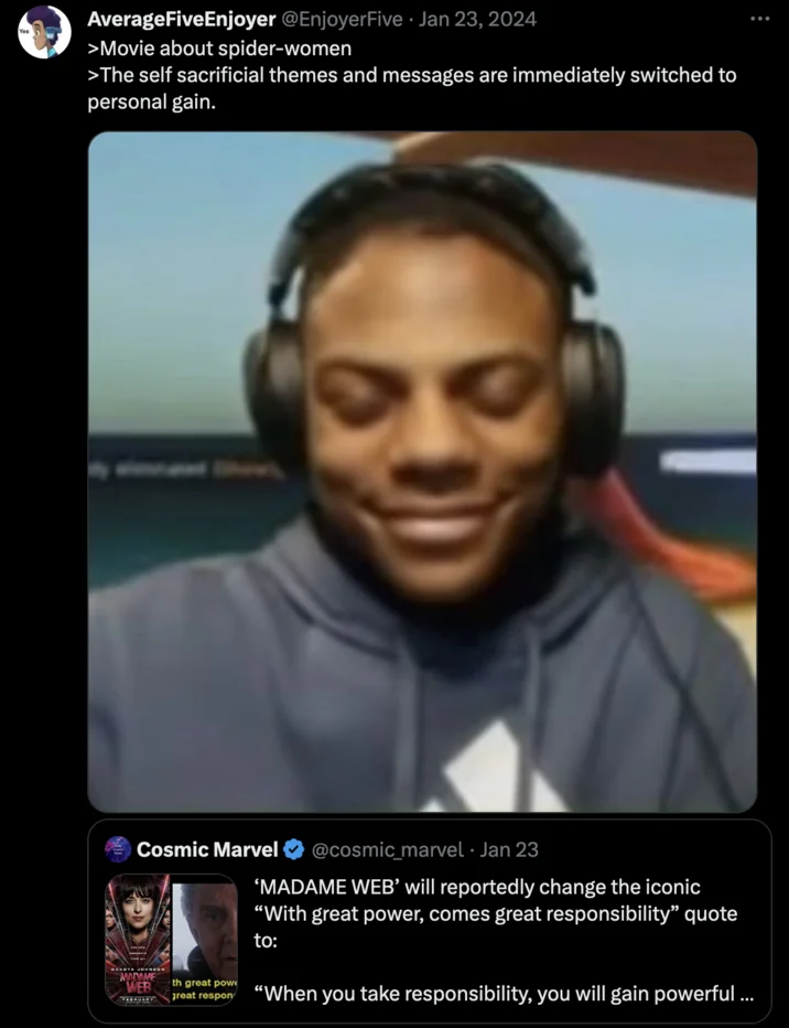 A viral tweet using the Speed smiling reaction to mock the messaging of Marvel's Madame Web, posted January 2024.