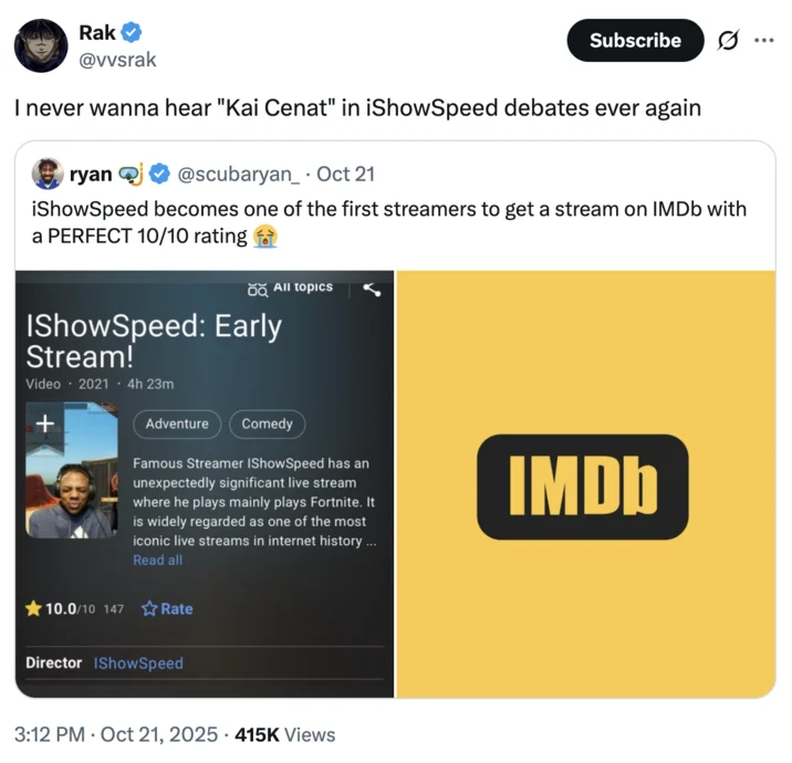 The viral tweet fueling the joke that iShowSpeed's early stream was so influential it deserved its own IMDb entry with a perfect score.