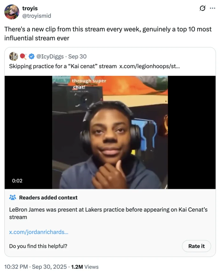 The original viral tweet from @troyismid that catalyzed the 'top 10 most influential stream' framing around iShowSpeed's early stream.