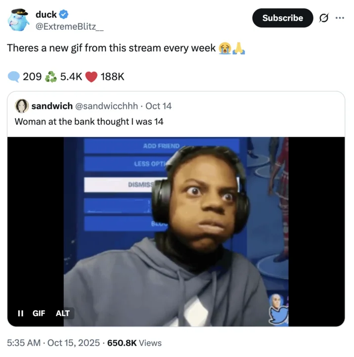 A reaction tweet highlighting how the IMDb joke fed into the ongoing iShowSpeed vs. Kai Cenat streamer debate.