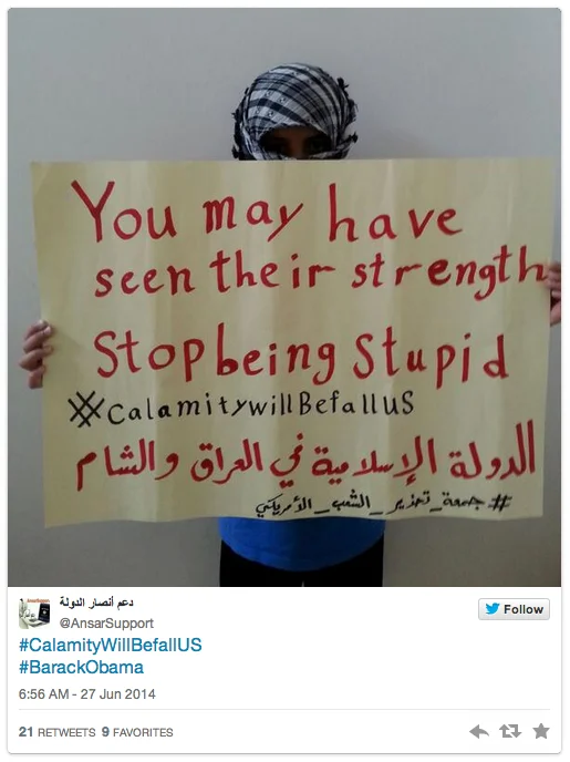 A June 2014 tweet from an ISIS supporter account using the #CalamityWillBefallUS hashtag campaign directed at the United States.