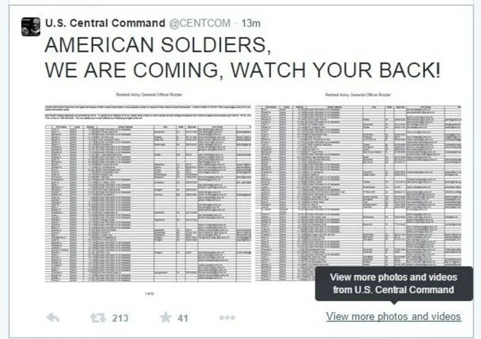 The CyberCaliphate hack of the U.S. Central Command Twitter account in January 2015, which posted threats and a leaked officer roster.