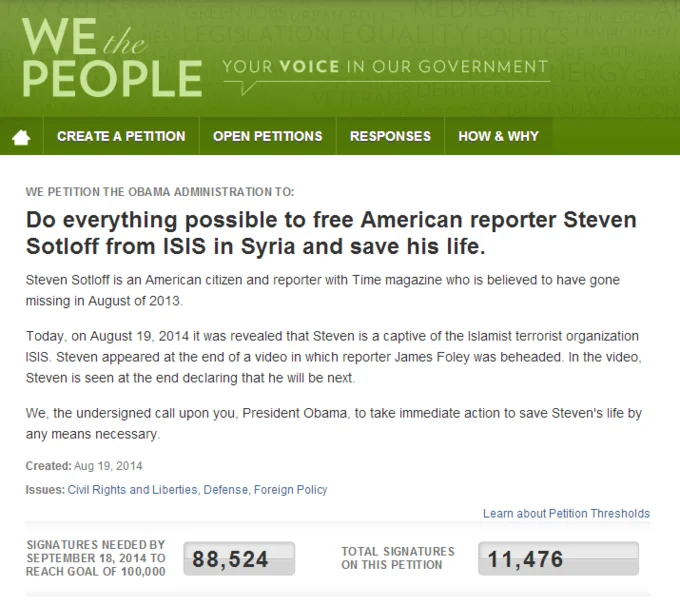 The White House 'We the People' petition urging the Obama administration to secure the release of Steven Sotloff from ISIS captivity.