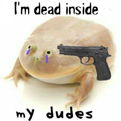 A darker remix of the Wednesday frog meme with the caption 'I'm dead inside, my dudes'.