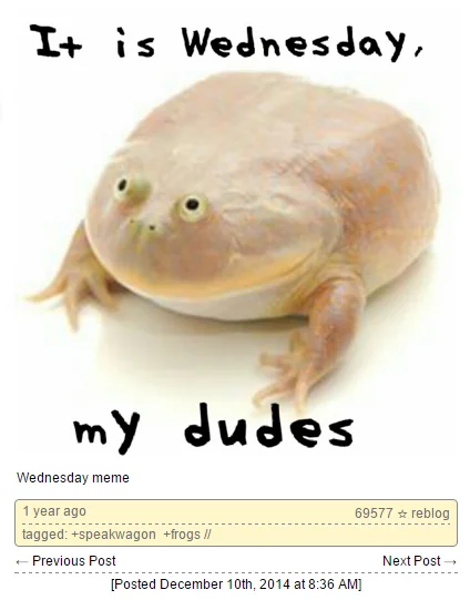 The original Tumblr post from December 10th, 2014 that popularized the 'It is Wednesday, my dudes' meme.
