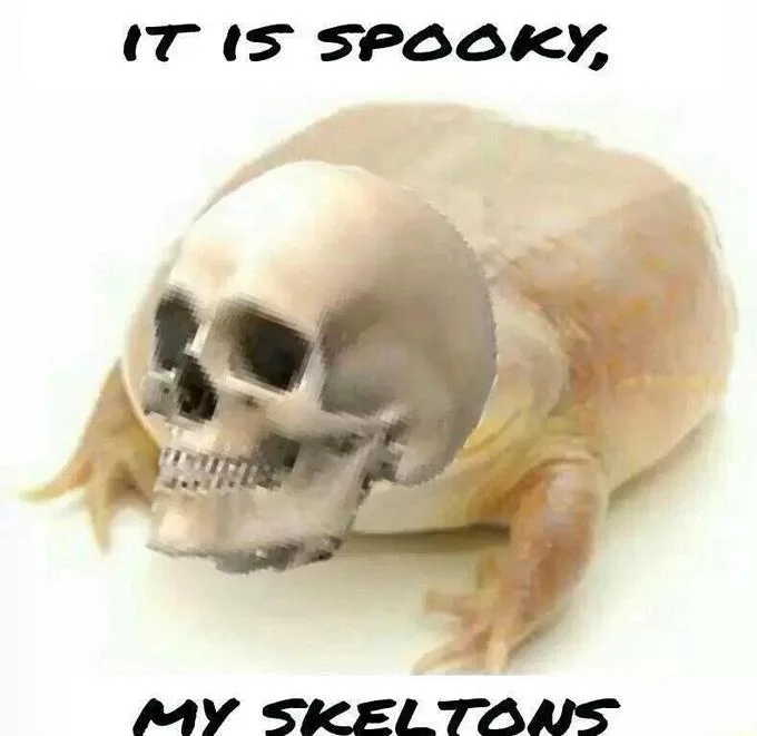 A Halloween 'spooky skeltons' crossover remix of the Wednesday frog meme.