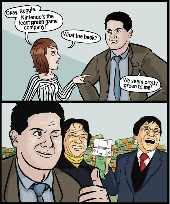 A comic-strip parody joking that Nintendo is 'green' because their consoles print green dollar bills.