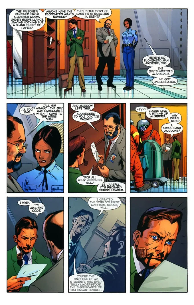 The full comic page from Warren Ellis's Planetary providing context for the iconic 'It's Machine Code' panel.