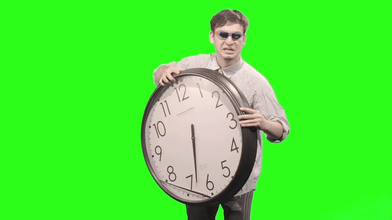 The iconic green-screen shot of Filthy Frank holding a clock, the original source frame of the 'It's Time to Stop' meme.