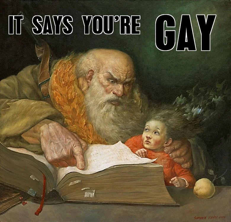 The original 'It Says You're Gay' image macro based on Sanyo Vintar's painting, which became the template for the meme.