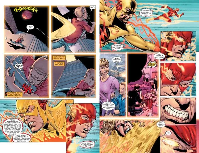 The original Flashpoint / Flash comic pages featuring Zoom confessing his role in Barry's misfortunes, the source material that spawned the 'It Was Me, Barry' zoomposting format.