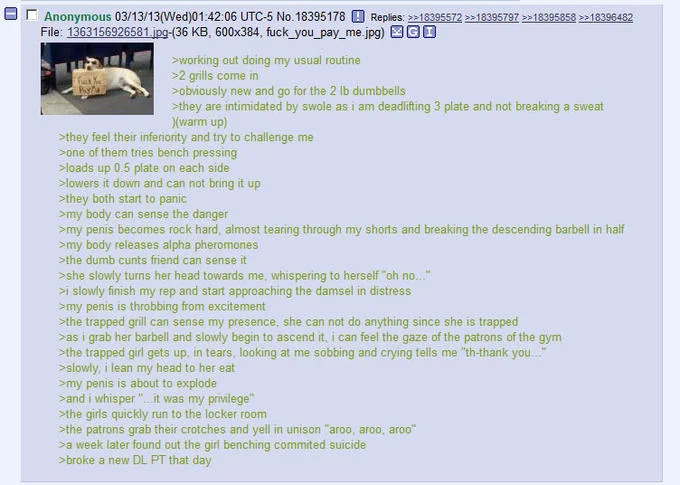 A gym-set 4chan greentext variant of the 'It Was My Privilege' punchline.