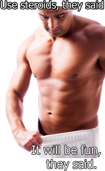 A humorous 'It Will Be Fun They Said' meme referencing the side effects of steroid use.
