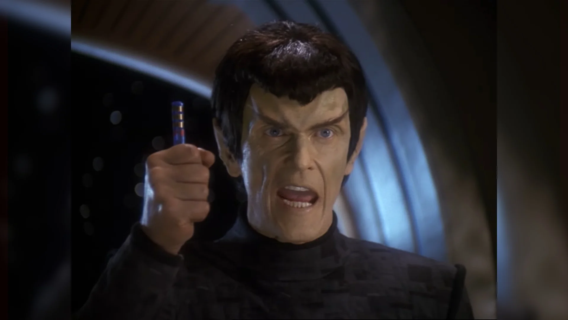 The original scene from Star Trek: The Next Generation where a Romulan commander furiously declares 'It's a fake!' while brandishing the item in question.