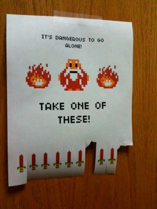 An IRL riff on the meme: a printed flier hangs on a wall offering pixel-art swords as tear-off tabs.