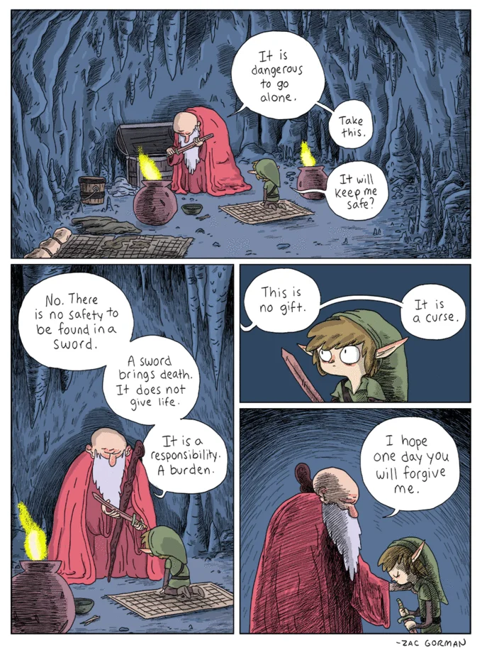 Zac Gorman's melancholic reinterpretation frames the sword as a curse rather than a gift, adding weight to the classic scene.