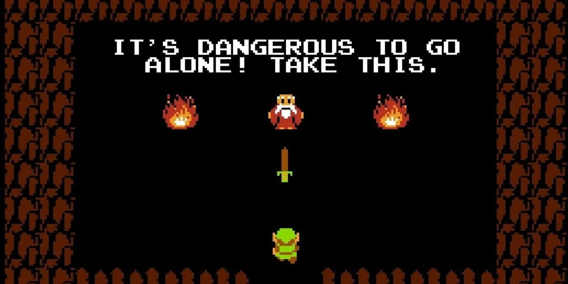 The original 'It's dangerous to go alone! Take this.' screen from The Legend of Zelda (1986), the source of the enduring meme.