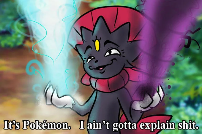 A Pokémon fan-art remix of the meme starring Weavile invoking mysterious powers.