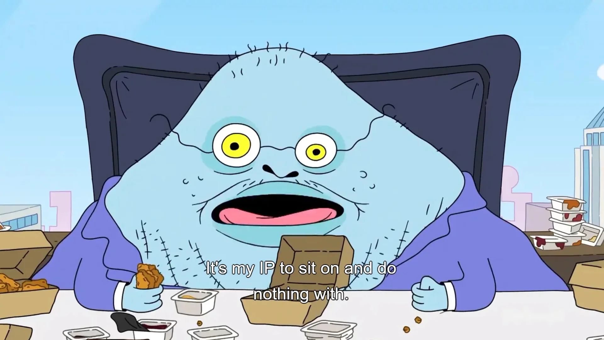 The original screenshot from the animated series that inspired the meme, featuring the greedy blue executive delivering the now-iconic line.