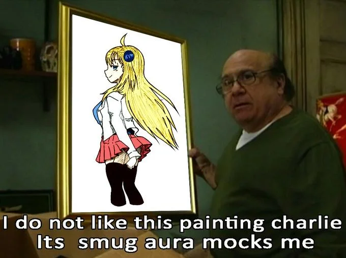 Early iteration of the meme with a blonde anime schoolgirl replacing the original painting.