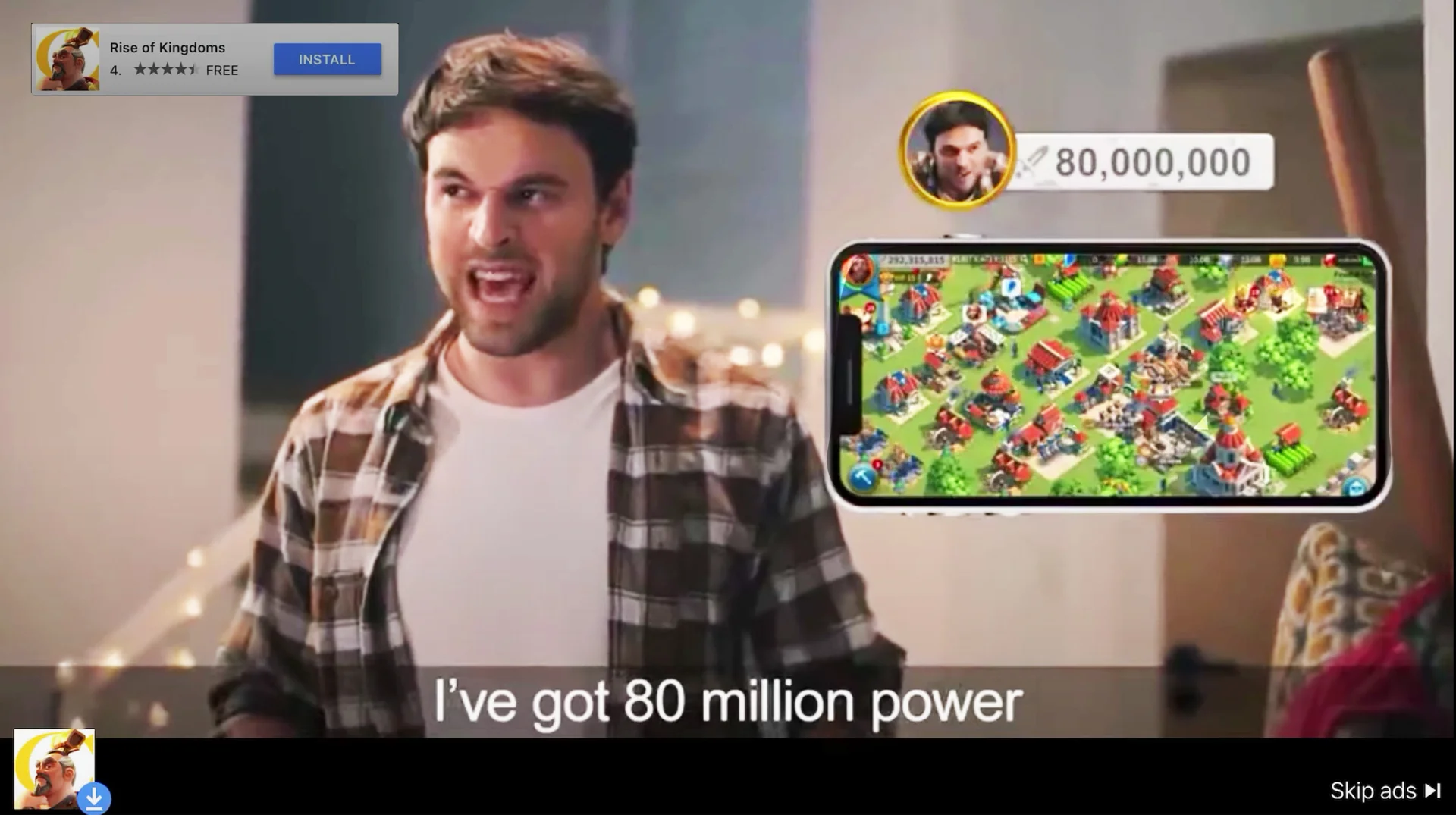 A still from the infamous Rise of Kingdoms mobile ad, featuring the actor declaring his 80 million power that spawned the widely mocked meme.