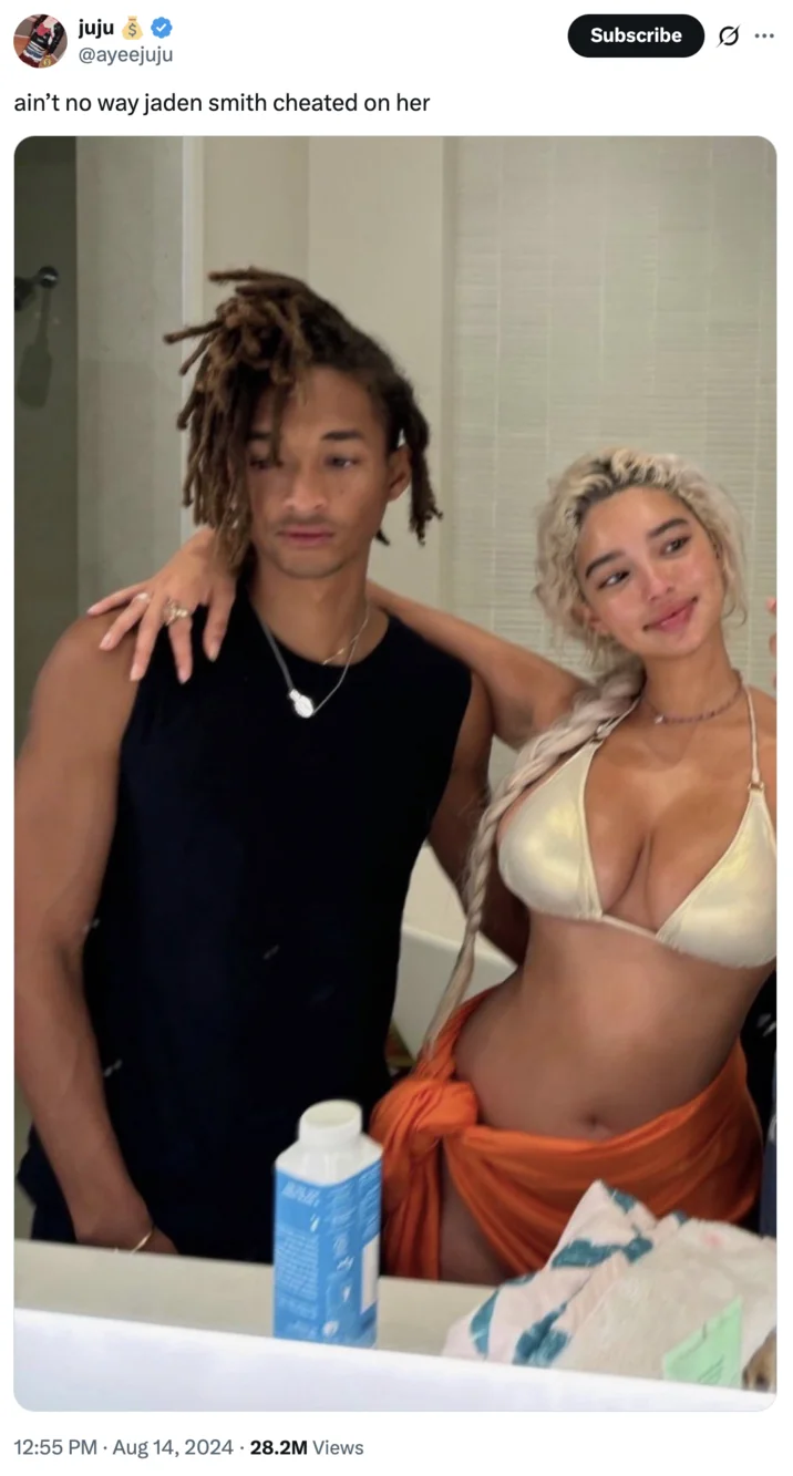 A reaction tweet expressing shock at Jaden Smith allegedly cheating on Sab Zada.
