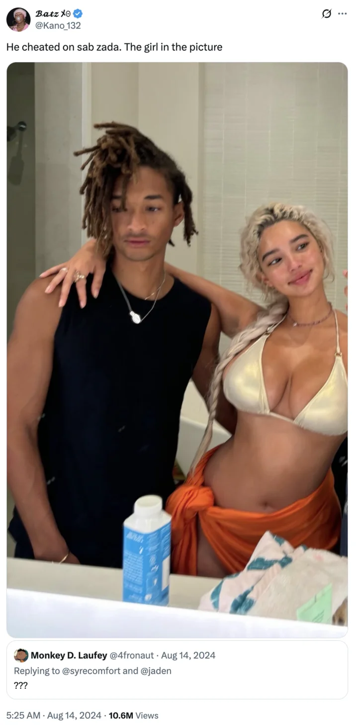 A viral tweet accusing Jaden Smith of cheating on Sab Zada, sharing the photo that sparked the controversy.