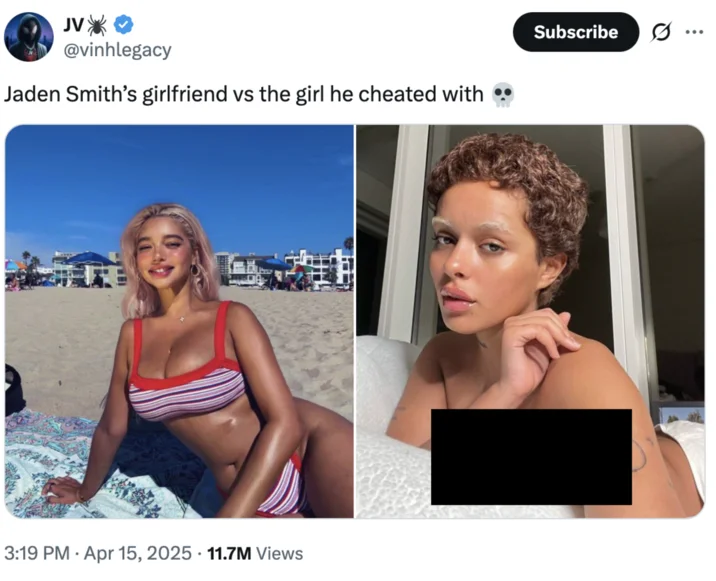 A comparison tweet contrasting Sab Zada with the woman Jaden Smith was seen with.