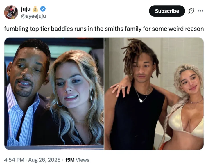 A tweet joking that fumbling attractive partners is a Smith family trait, comparing Will and Jaden.