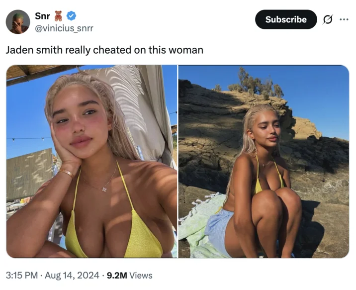 A tweet reacting incredulously to news that Jaden Smith cheated on Sab Zada.