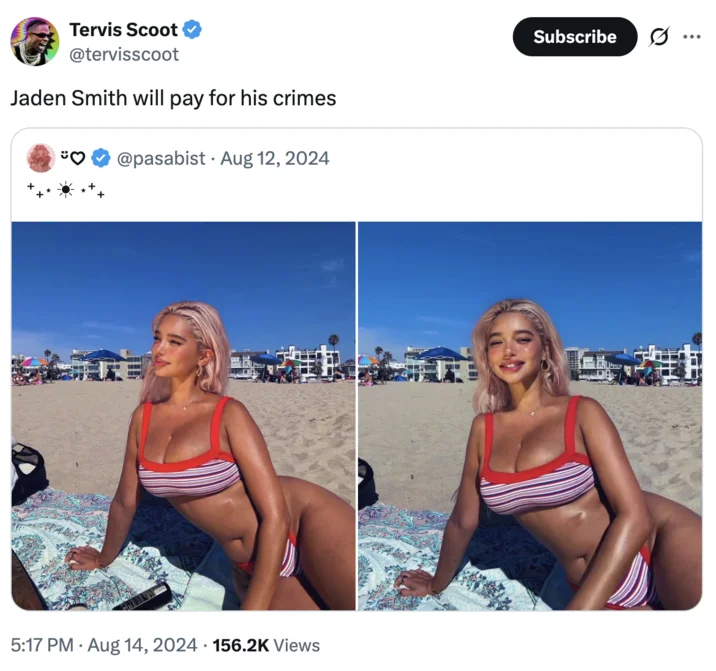 A humorous reaction tweet claiming Jaden Smith will pay for cheating on his girlfriend.