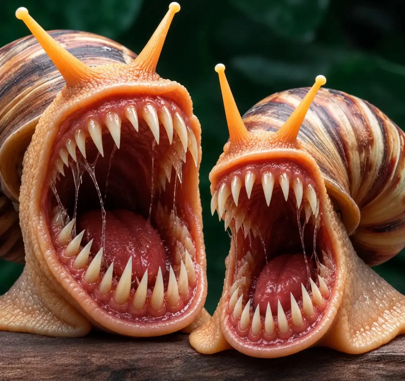 One of the viral AI-generated horror snail images that Jak's TikTok videos zoom in on to reveal the exaggerated 'teeth' of the snails.