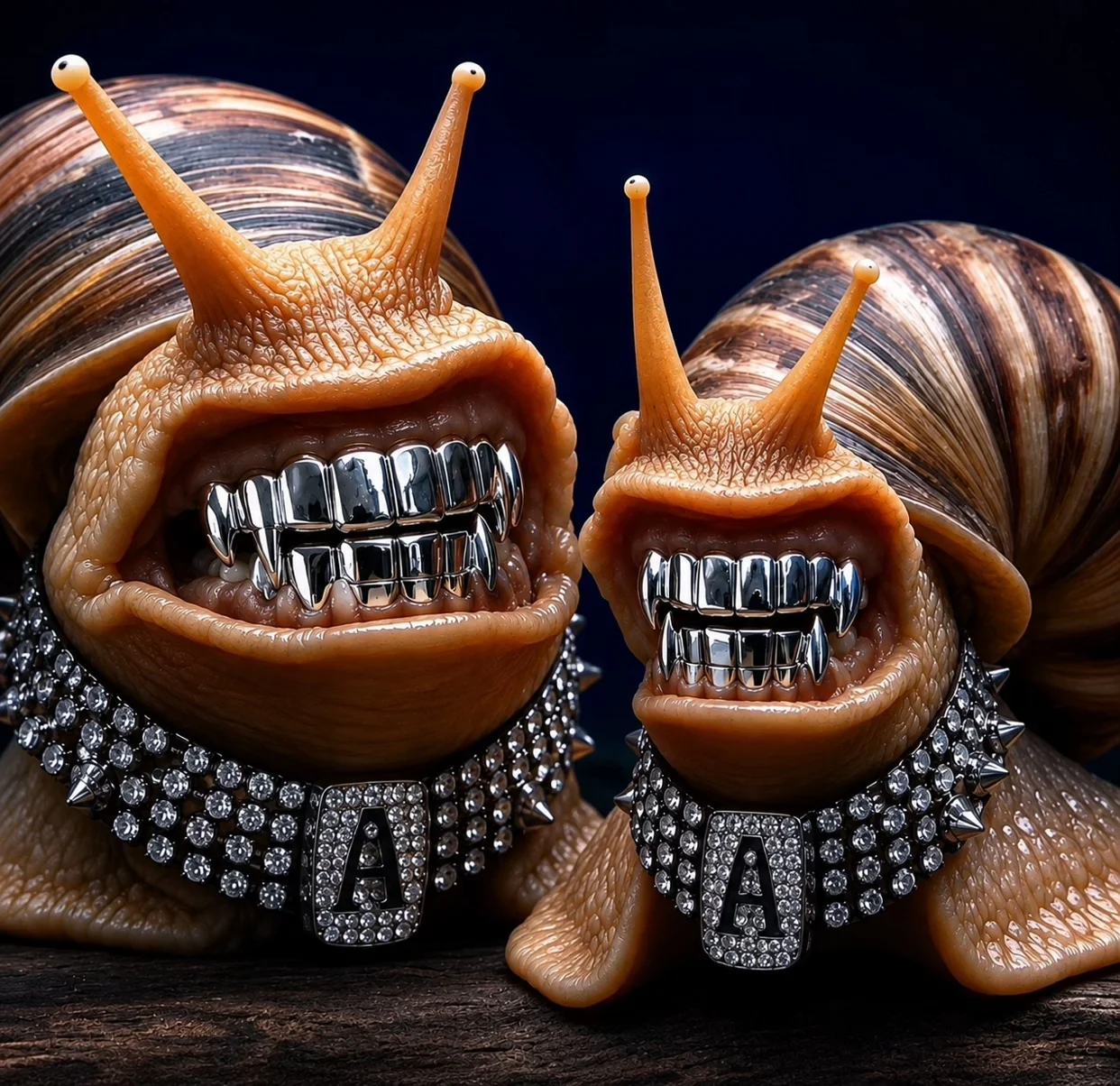 One of the AI-generated 'gangsta snail' images circulated alongside the 'Jak does snacks' meme, depicting snails with bling grillz and jeweled collars.