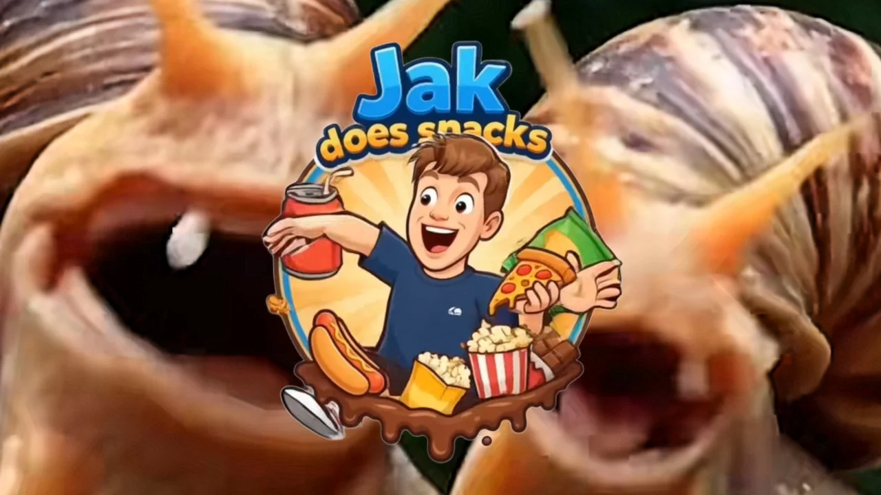 The signature composite image combining the 'Jak does snacks' cartoon mascot with the AI-generated menacing snails at the heart of the meme.