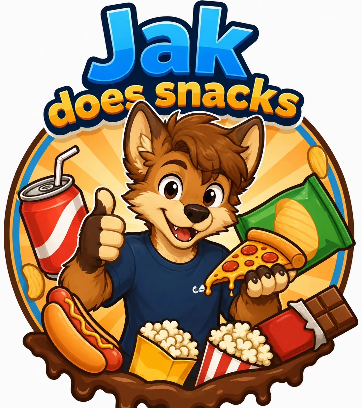 The original AI-generated 'Jak does snacks' furry mascot logo, featuring the character as an anthropomorphic wolf pup with an assortment of junk food.