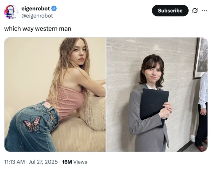 Cultural commentary comparison meme format.