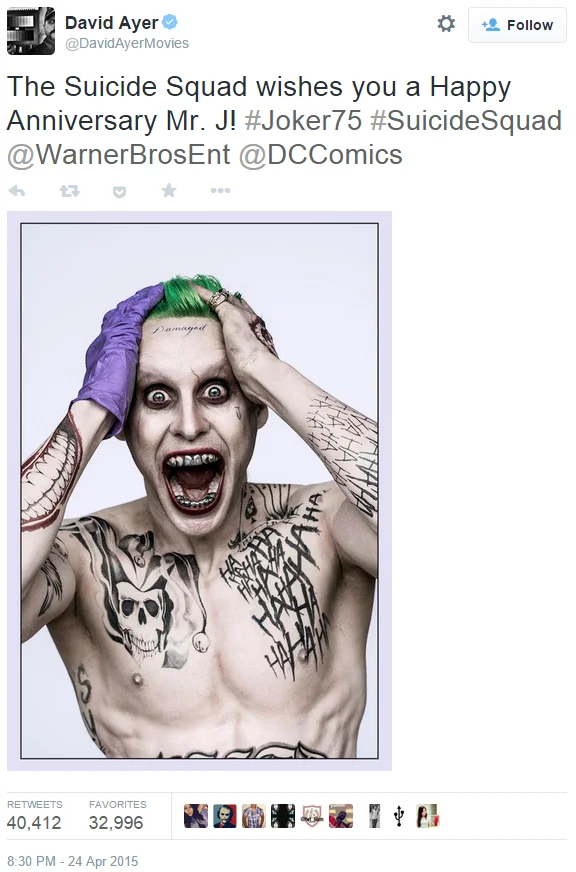 The original tweet from director David Ayer that unveiled Jared Leto's Joker to the world on Joker's 75th anniversary.