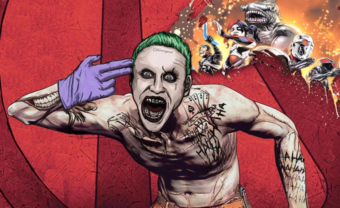 Fan art reimagining Leto's Joker in a comic-book style alongside the wider Suicide Squad team.