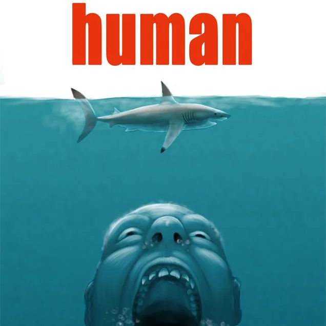 A role-reversed 'human' parody where the shark becomes the swimmer and a screaming human face emerges from the depths.