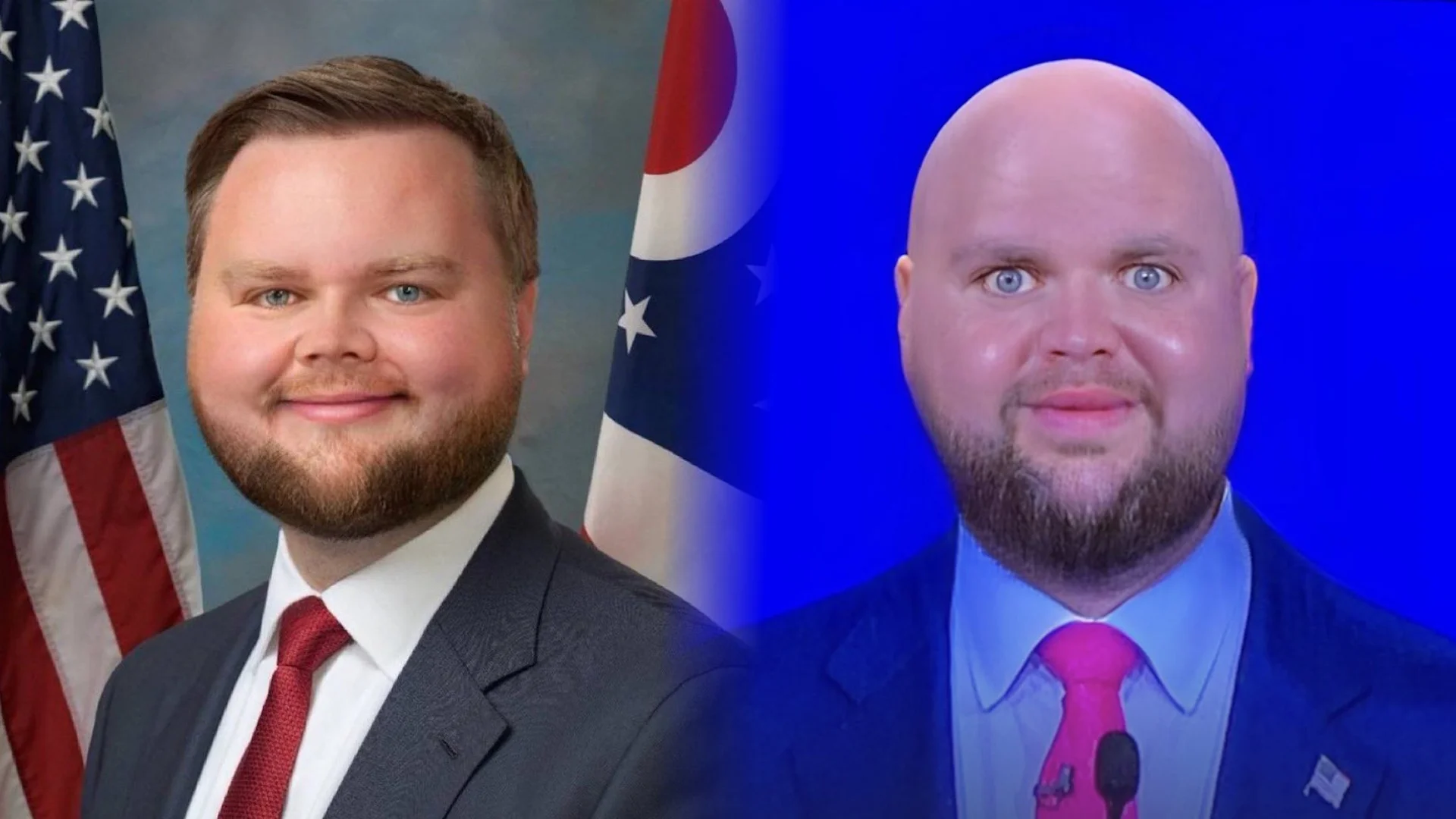 Cover collage juxtaposing two popular JD Vance babyface edits — the smoothed official portrait and the bald convention version.